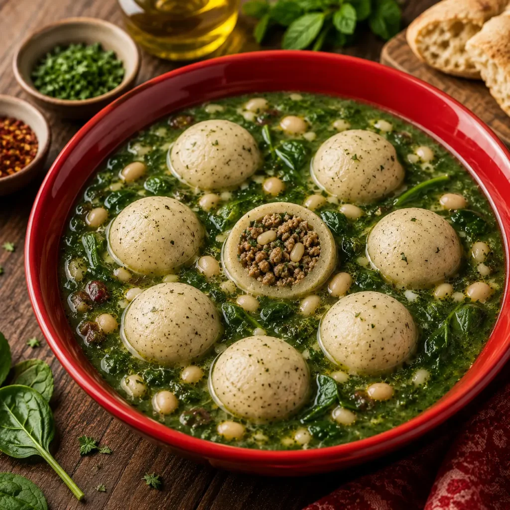 White Pearl Kibbi in spinach and turnip soup